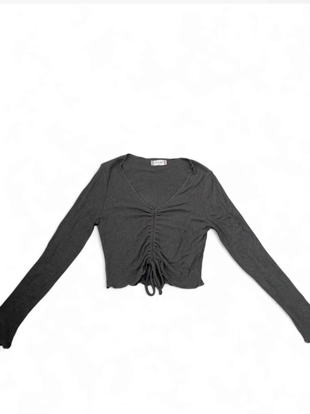 Ribbed Drawstring V-Neck Long Sleeve Top - Olive Green
